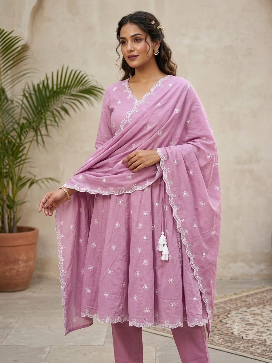 Frock-style suit with pent-plazzo dupatta-3ps